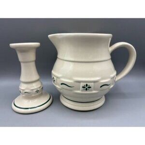 Longaberger Pottery Cream Pitcher & Candle Holder Set Ivory/Green Microwave/Dish